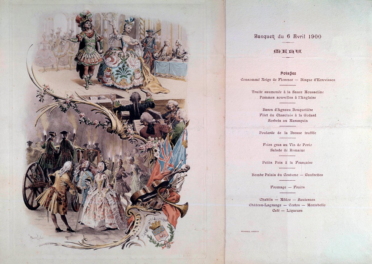 Häämenu Maurice Leloirin (1851-1940) kuvituksella pukukuvista ja galanteista, 4.6.1900 tekijältä Maurice Leloir