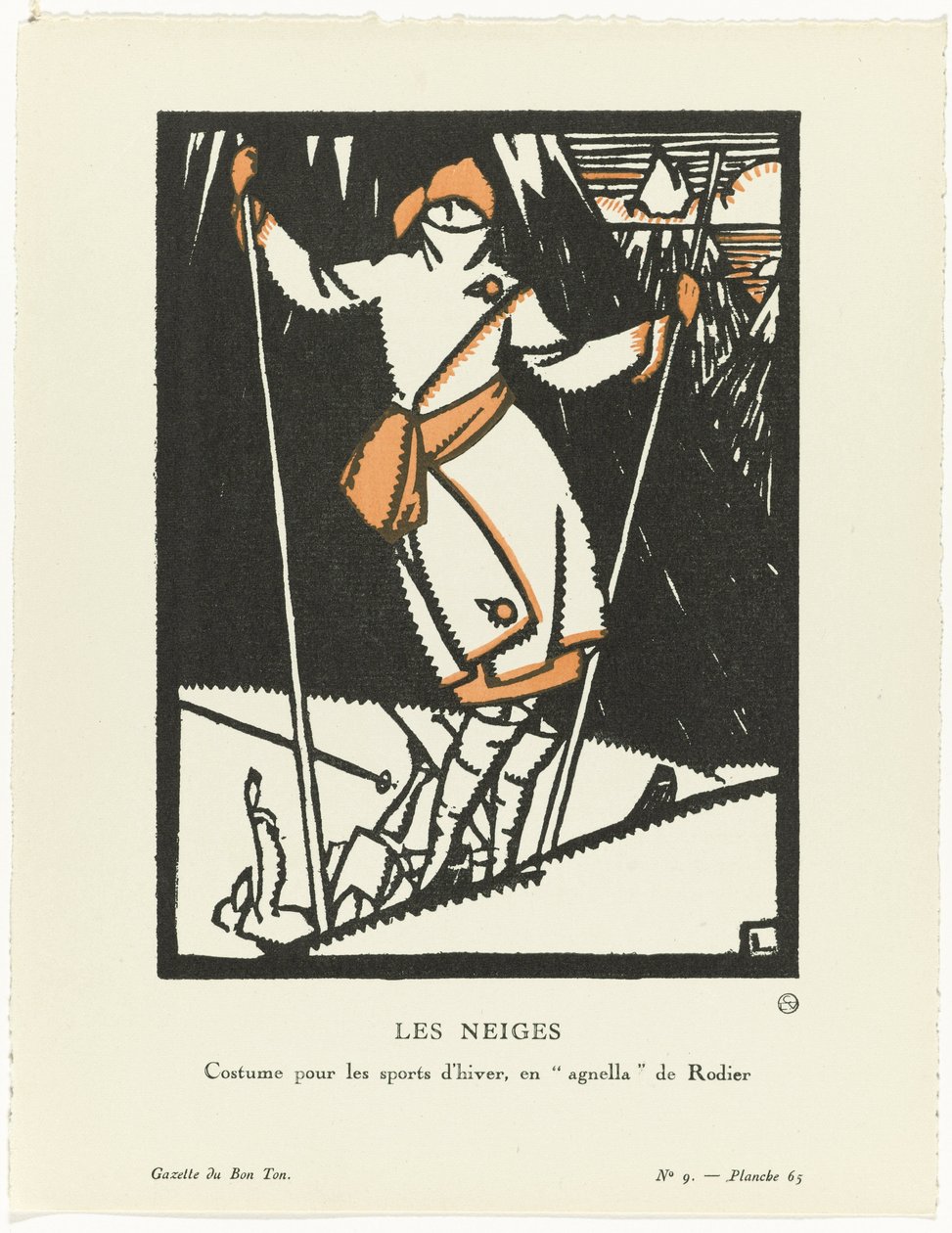 Gazette du Bon Ton, 1920 - nro 9, pl. 65: Les Neiges / Talviurheiluasu, Rodierin enagnella tekijältä Maurice Leroy