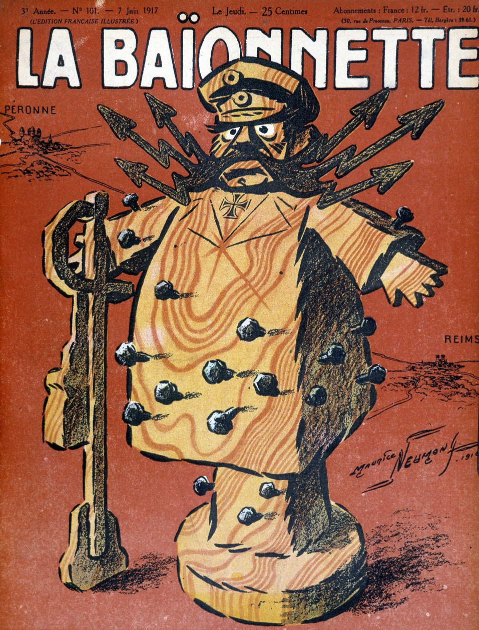 Sarjakuva Hindenburgista (1847 - 1934), saksalaisesta marechalista ja valtiomiehestä. Kuvitus "" La Baionnette" -sanomalehden kannesta kesäkuussa 1917. tekijältä Maurice Louis Henri Neumont