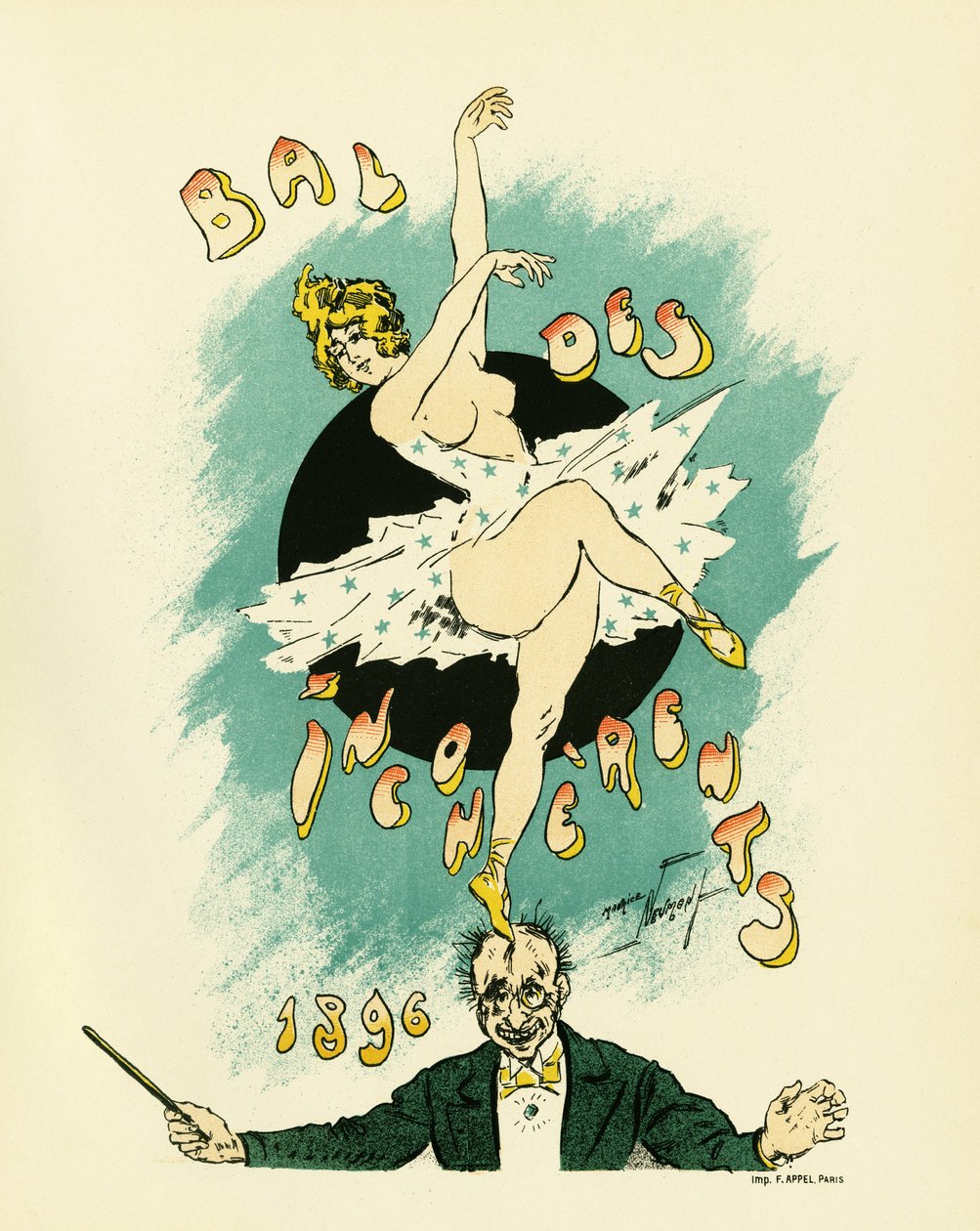 Juliste epäjohdonmukaisuuksien ballille, juhla, joka järjestettiin vuosina 1885–1896 Pariisissa osana Jules Levyn vuonna 1882 käynnistämää taiteellista liikettä, epäjohdonmukaista taidetta, Maurice Neumontin (1868-1930) Illustration en lithographie, jossa  tekijältä Maurice Louis Henri Neumont