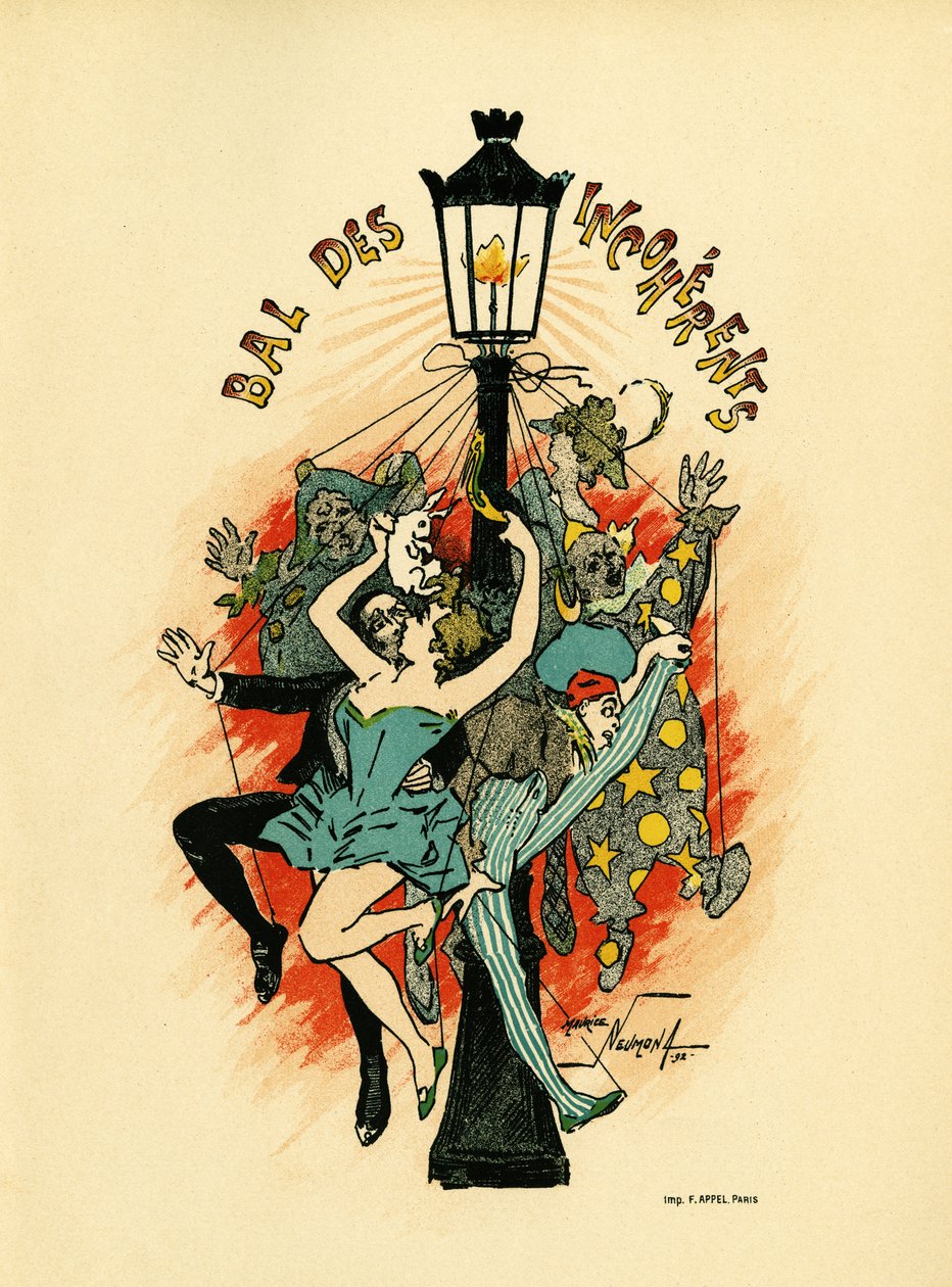 Juliste pour le bal des incoherents, bal järjestettiin vuosina 1885–1896 Pariisissa osana Jules Levyn vuonna 1882 käynnistämää taiteellista liikettä, les arts incoherents, Illustration en lithographie de Maurice Neumont (1868-1930), Les Programs illustresi tekijältä Maurice Louis Henri Neumont