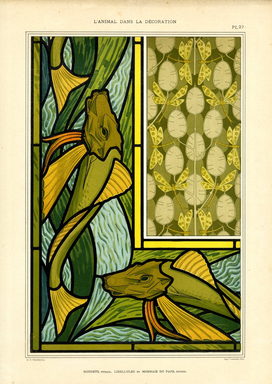 Art Nouveau-kokoonpanot, joissa on kaloja ja sudenkorentoja (litografia) tekijältä Maurice Pillard Verneuil