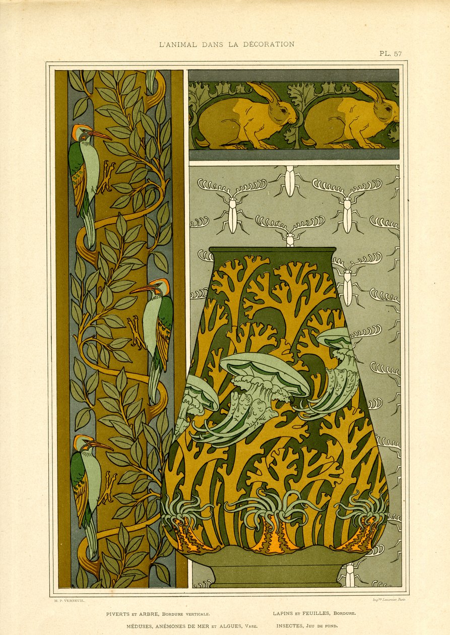 Art Nouveau Luontoaiheet: linnut, merieläimet ja hyönteiset (litografia) tekijältä Maurice Pillard Verneuil