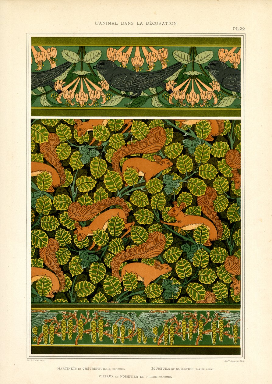 Art Nouveau -ornamentti, jossa on lintuja, oravia ja kukkaelementtejä (litografia). tekijältä Maurice Pillard Verneuil