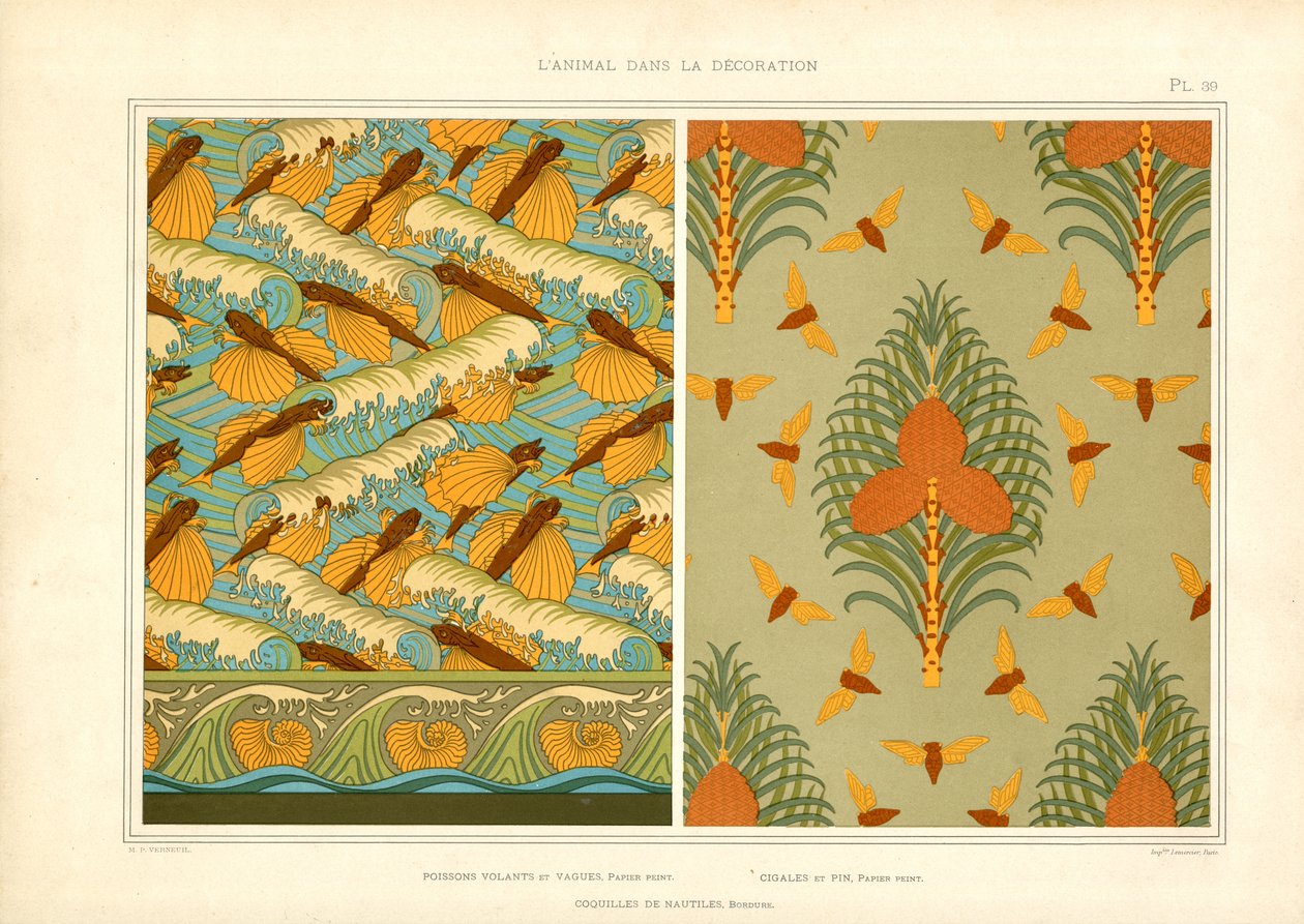 Art Nouveau tapetti kuviot hyönteisiä ja merieläimiä (litografia) tekijältä Maurice Pillard Verneuil