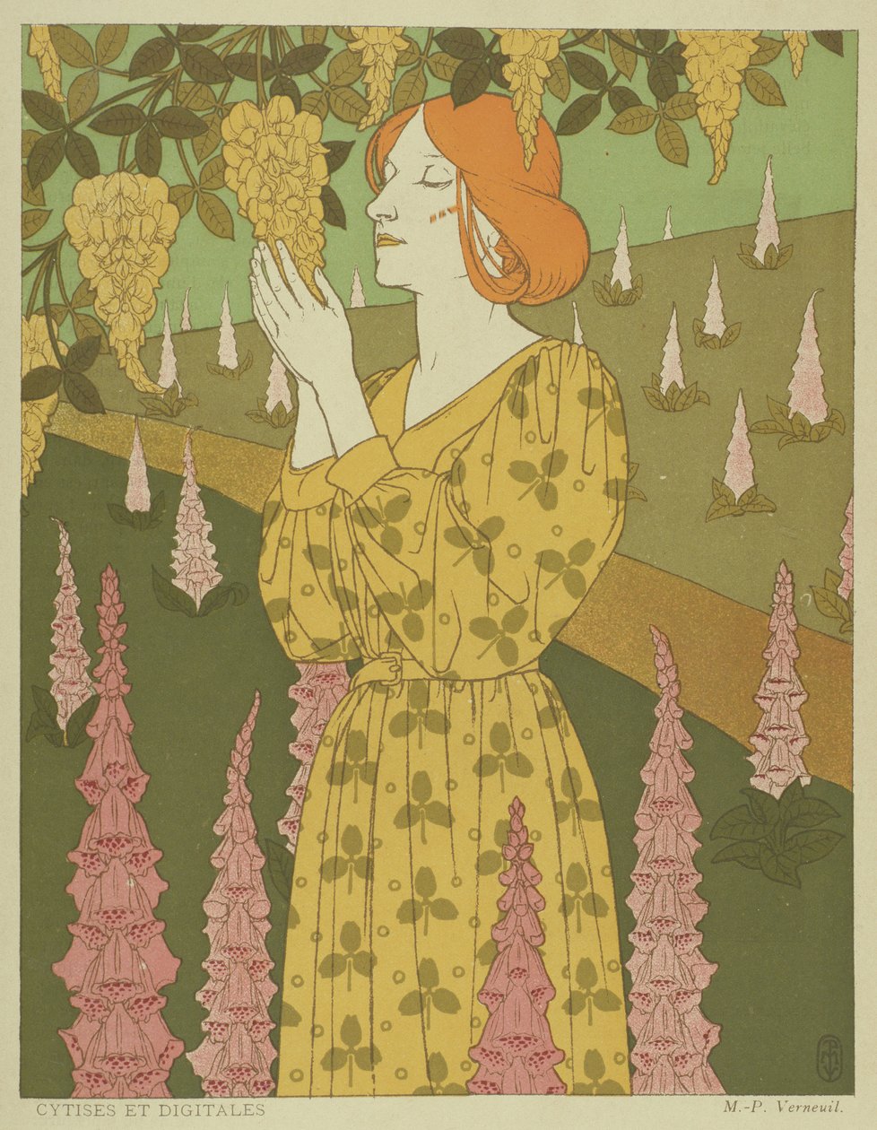 Cytises ja Digitales - Nainen, jolla on Wisteria ja Foxgloves (väri litho) tekijältä Maurice Pillard Verneuil