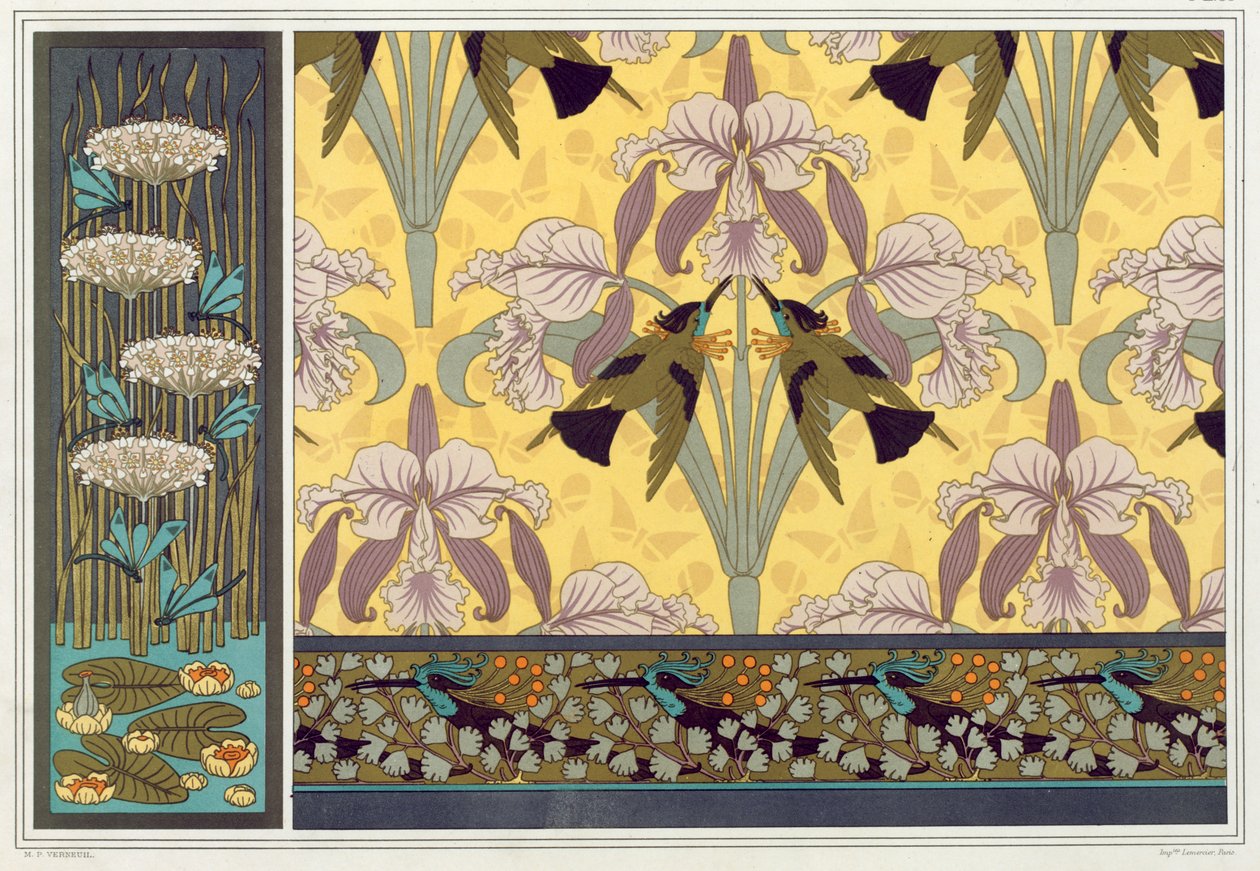 Suunnittelu tapettireunuksille, kankaalle ja paneelille: "Dragonflies; Waterlillies and Flowering Rush", Humming Birds and Orchids ja Hummming Birds and Maiden Hair Fern, Maurice Pillard Verneuil, pubi, L