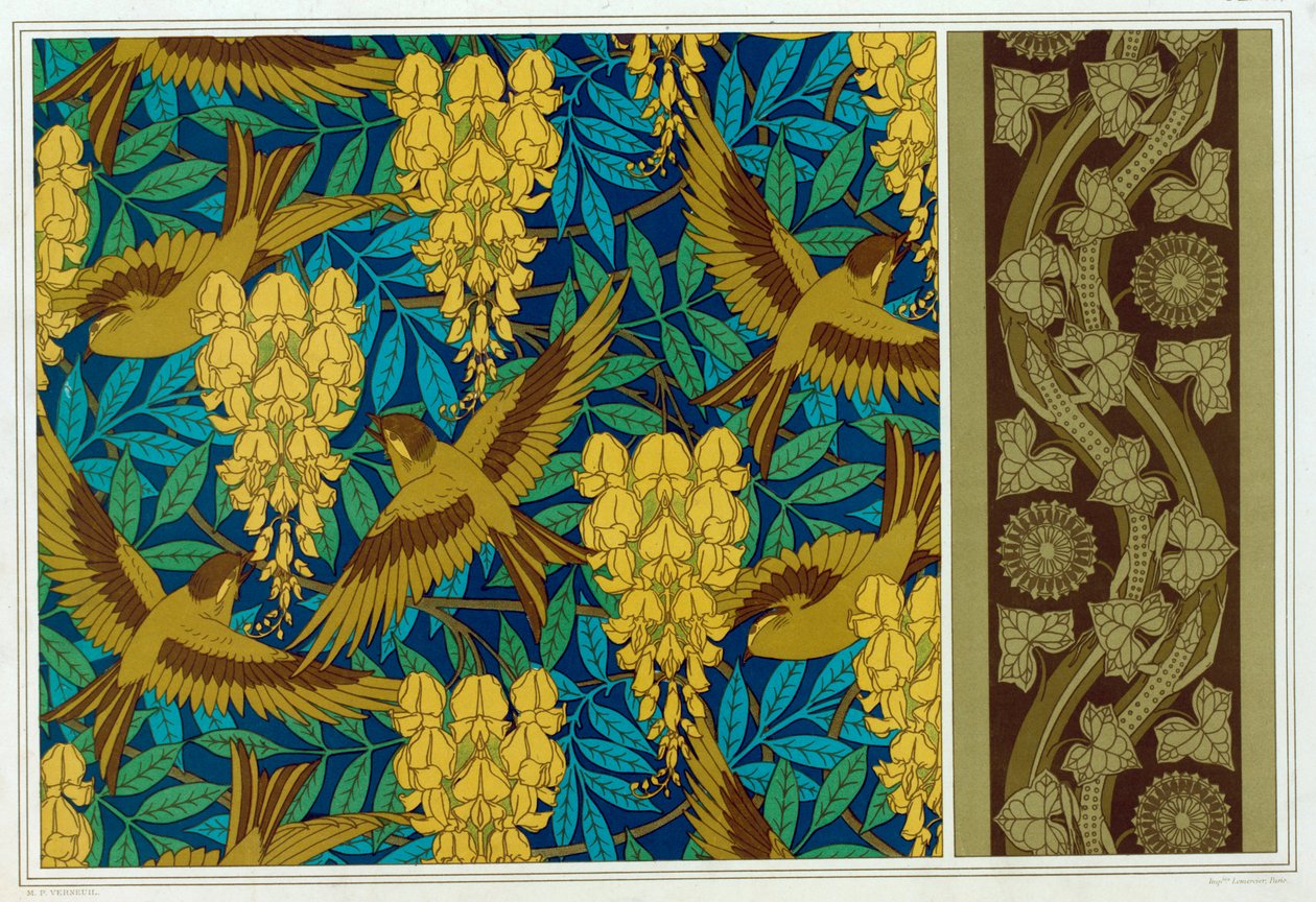 Mallit linnuille ja Wisterialle Riippuva ja tapettireunus Lizards and Ivy -pubin kanssa. 1897. tekijältä Maurice Pillard Verneuil