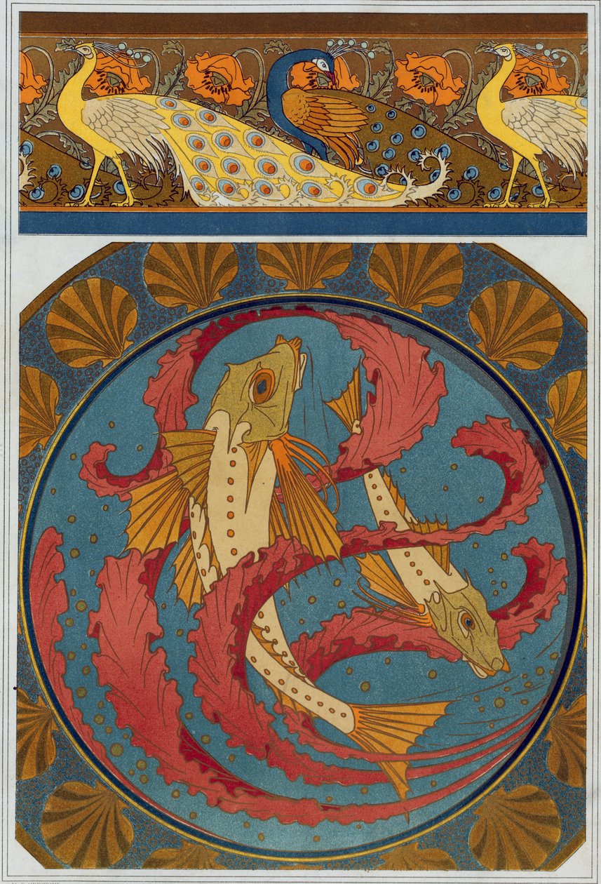 Mallit Peacock- ja Poppy Border -malleille sekä emalilautanen, jossa on koristeena urnariä ja merilevää kampasimpukkakuorella, Maurice Pillard Verneuilin pubista L