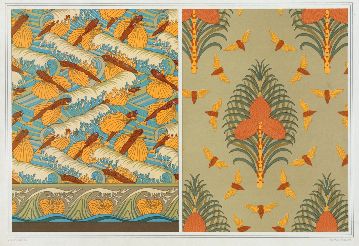 Mallit tapetille Flying Fish and Waves, pub. 1897. tekijältä Maurice Pillard Verneuil