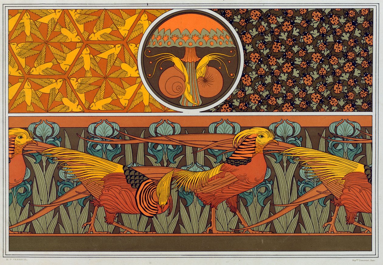 Mallit tapettireunuksille ja kankaille: Birds, Ladybirds ja Maiden Hair Fern, pub. 1897. tekijältä Maurice Pillard Verneuil