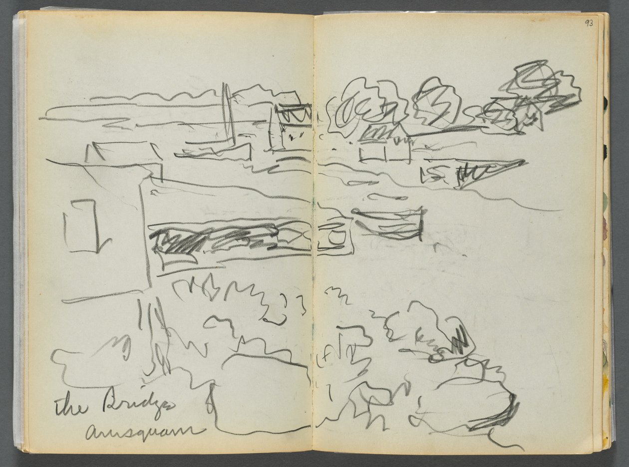 Luonnoskirja- The Granite Shore Hotel, Rockport, sivu 092  93: "The Bridge , Annisquam". tekijältä Maurice Prendergast