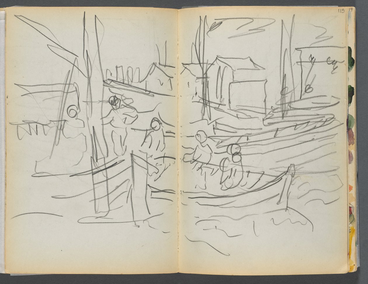 Luonnoslehti- The Granite Shore Hotel, Rockport, sivu 114 115: Hahmot purjeveneessä. tekijältä Maurice Prendergast