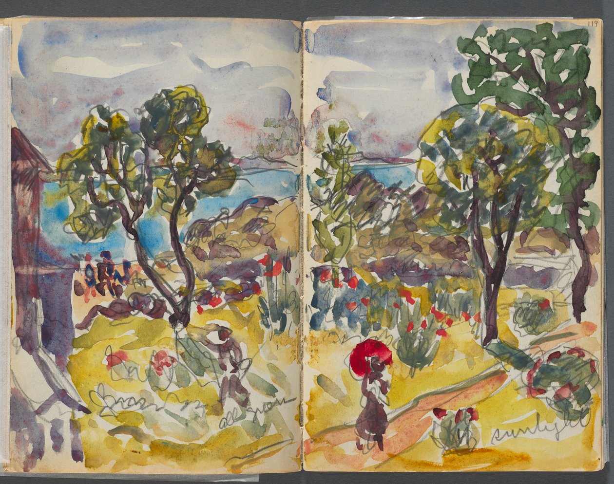 Luonnoskirja - The Granite Shore Hotel, Rockport, sivut 118 ja 119: puutarhanäkymä muistiinpanoineen tekijältä Maurice Prendergast