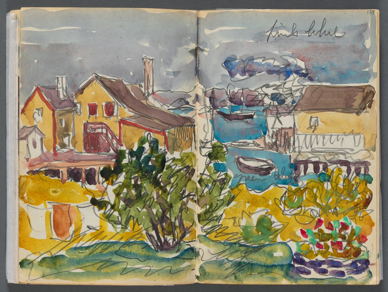 Luonnoskirja - Granite Shore Hotel, Rockport, sivu 128 ja 129: Talot satamassa tekijältä Maurice Prendergast