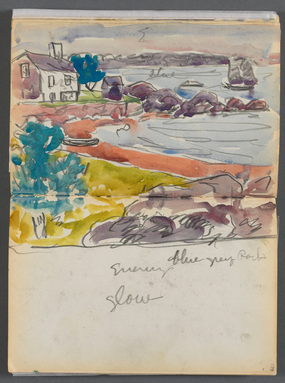 Luonnoskirja- The Granite Shore Hotel, Rockport, sivu 138 ja 139: "Iltahämärä". tekijältä Maurice Prendergast