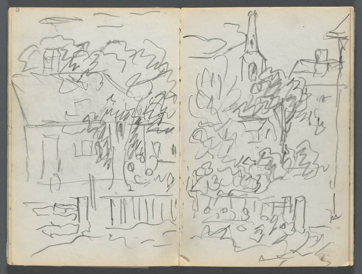 Luonnoslehti, The Dells, nro 127, sivu 084  85: Maisema, jossa on taloja ja torni. tekijältä Maurice Prendergast