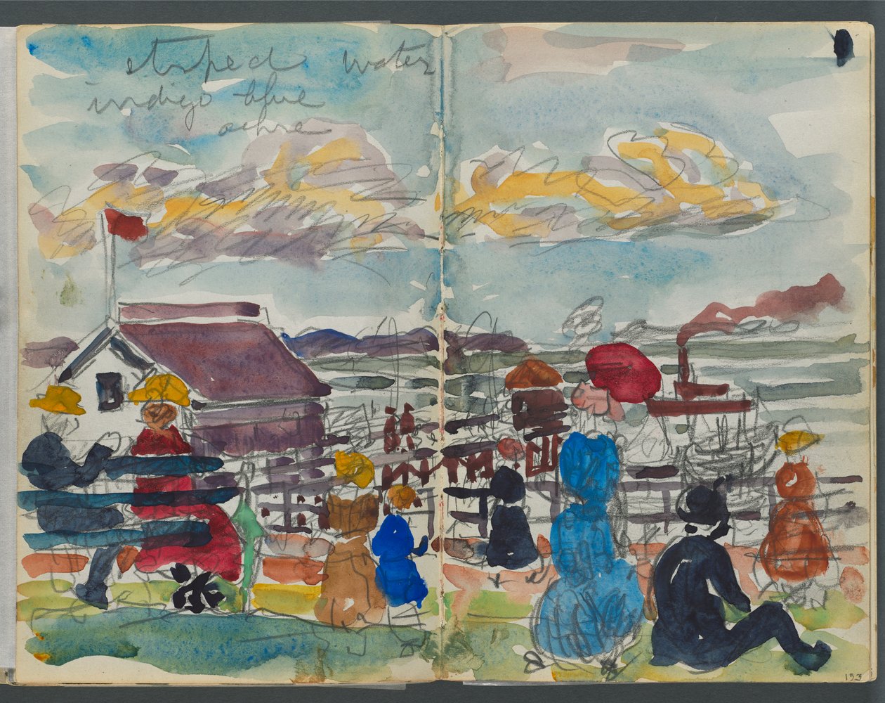 Sketchbook, The Dells, nro 127, sivut 152 ja 153: Hahmoja rannikolla tekijältä Maurice Prendergast