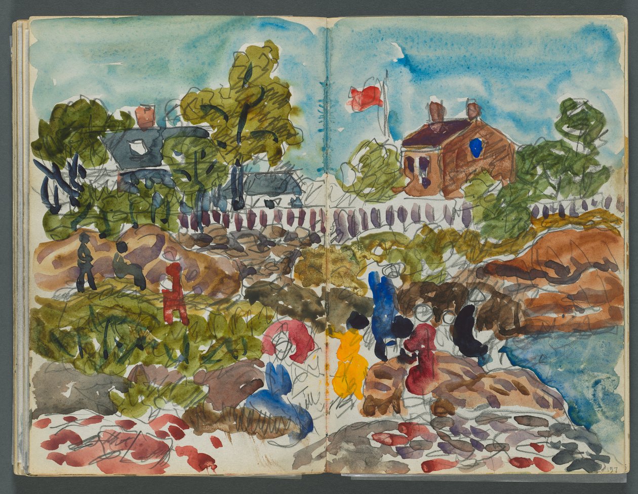 Skizzenbuch, The Dells, Nr. 127, Seite 156 & 157: Küstenlandschaft mit Figuren tekijältä Maurice Prendergast