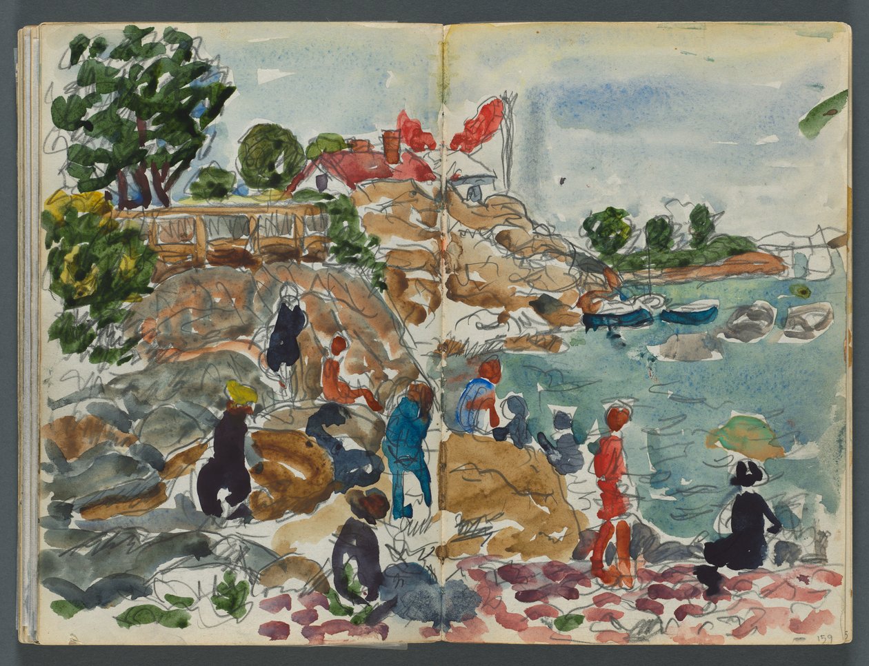 Luonnoskirja, The Dells, nro 127, sivut 158 & 159: Rannikkomaisema ja hahmoja tekijältä Maurice Prendergast