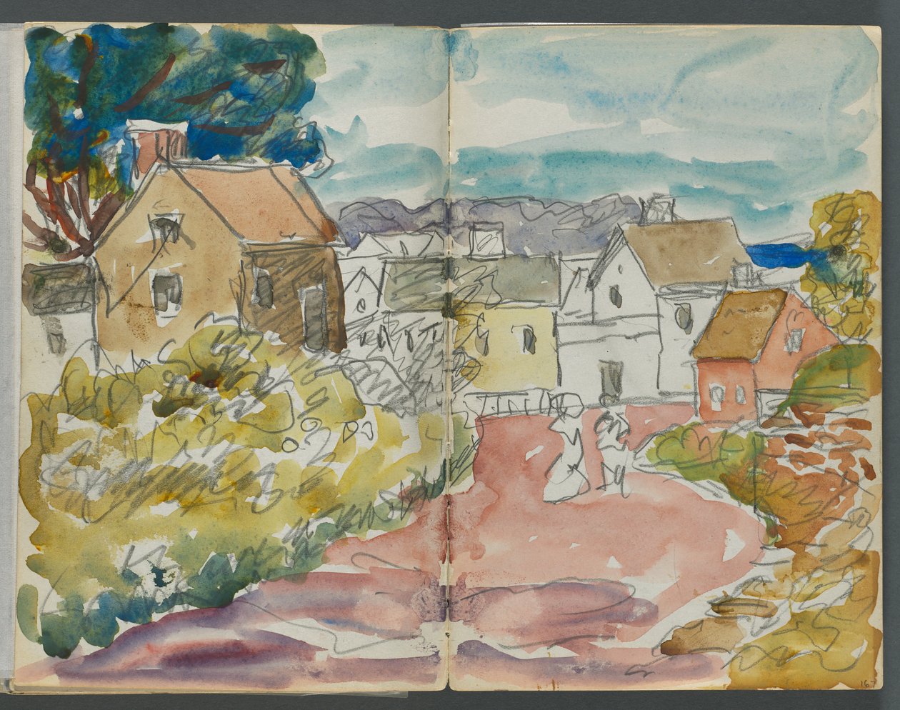 Luonnoskirja, The Dells, nro 127, sivut 166 ja 167: kylä, taloja ja tie tekijältä Maurice Prendergast