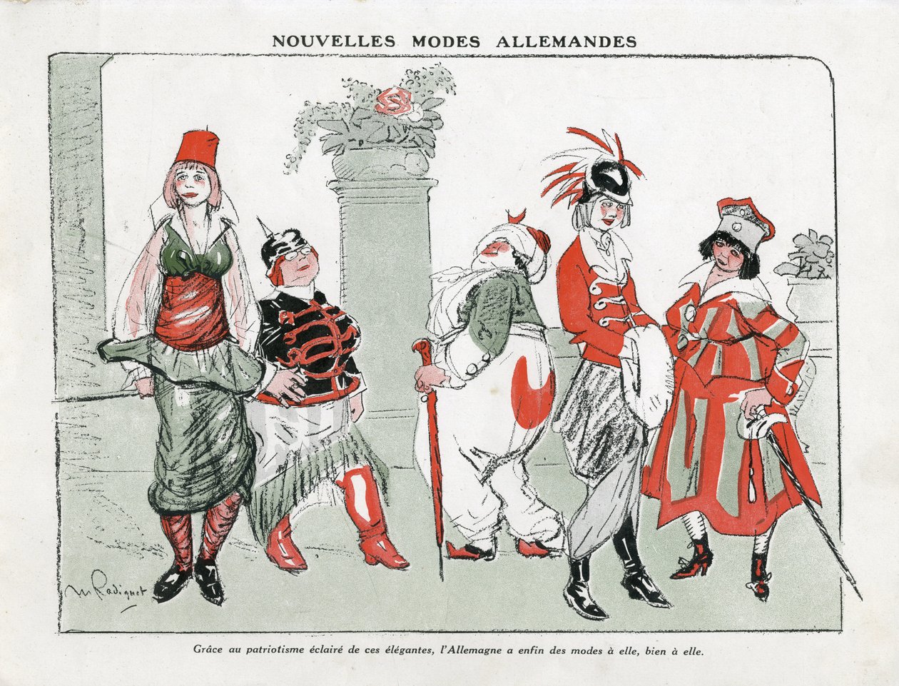 Kuvitus Maurice Radiguetista (1866-1941) Modessa Saksassa, n. 1915 - Uudet saksalaiset moodit - 14-18 -sota, Saksa Preussi, Turkki, Muoti, Triplice - Naiset tekijältä Maurice Radiguet