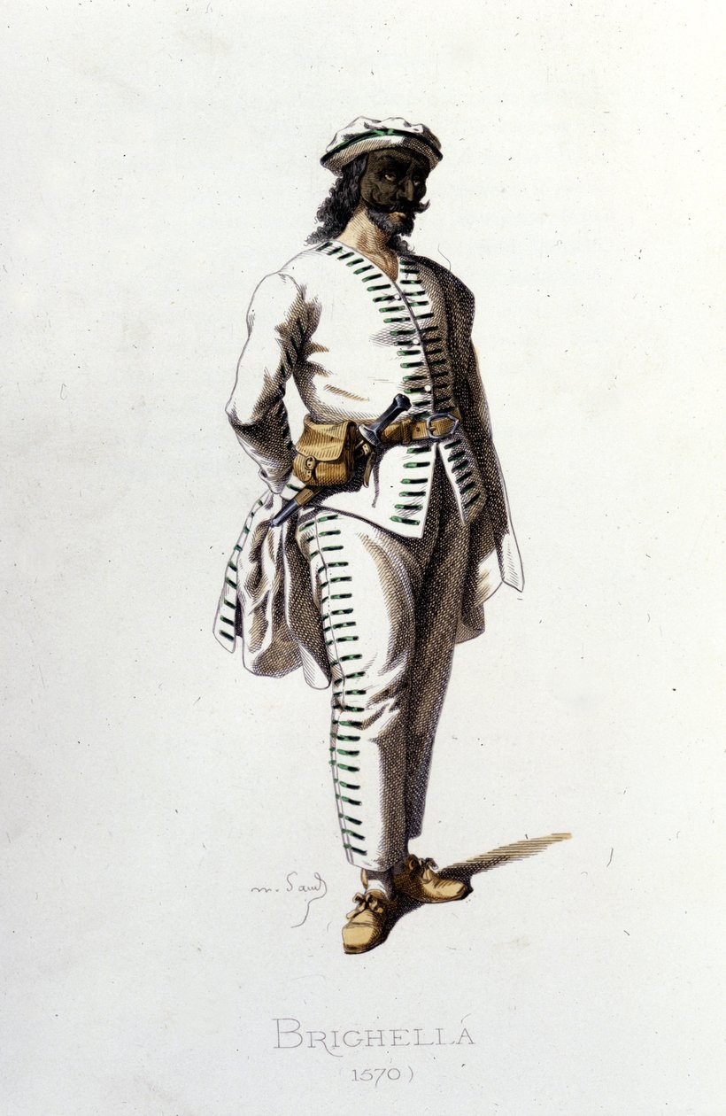 Brighellan hahmo vuonna 1570. Maurice Sand “” Naamiot ja naamiot”” Pariisi 1800-luku. (Maurice Sand oli George Sandin poika). tekijältä Maurice Sand