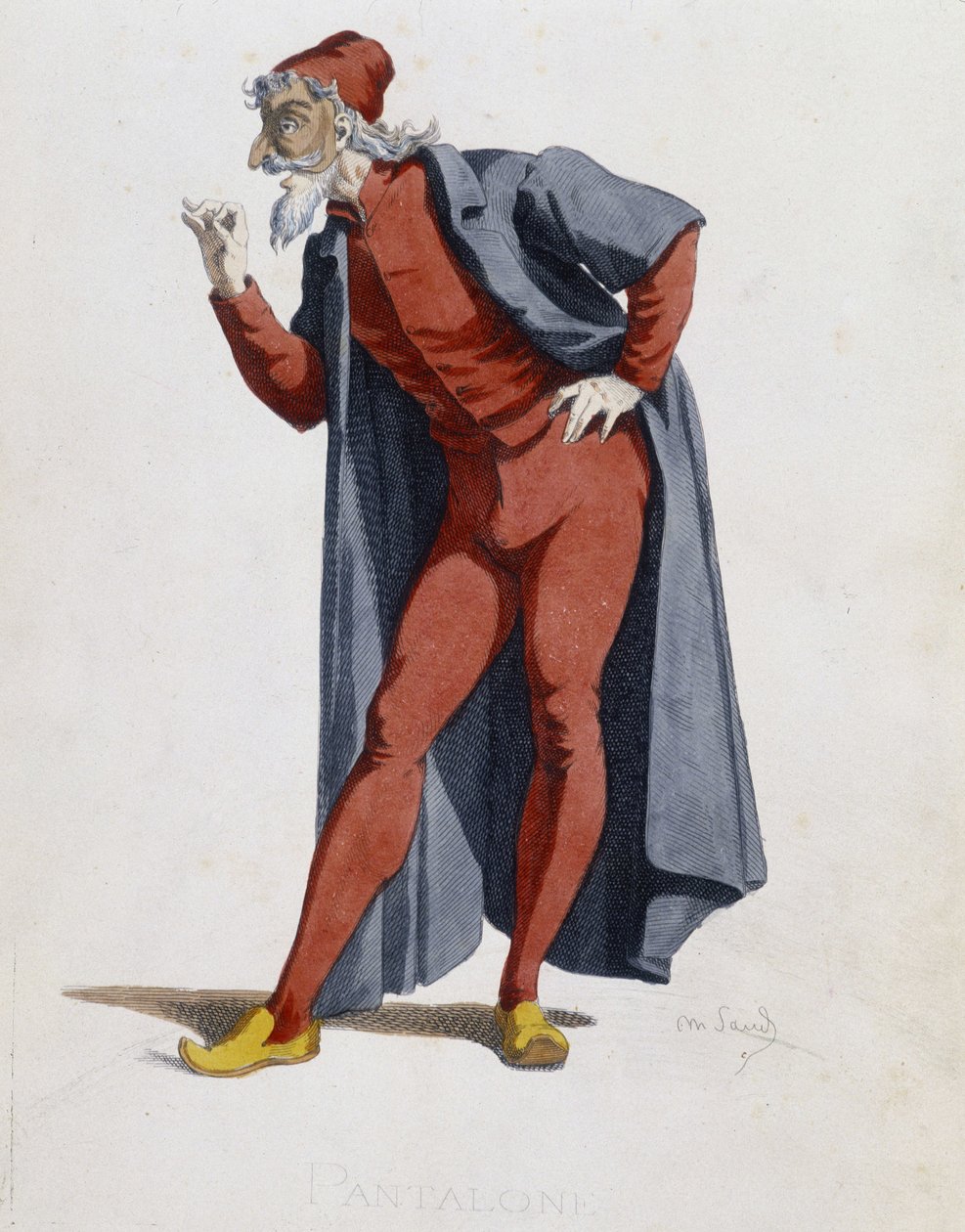 Puku ja teatterihahmo: Pantalone (housut, lääkäri) Rengas elokuvasta "" Masques et bouffons"" (italialainen komedia), teksti ja piirustukset Maurice Sand, printit A. Manceau, esipuhe Georges Sand, Paris, Michel Lévy Frères tekijältä Maurice Sand