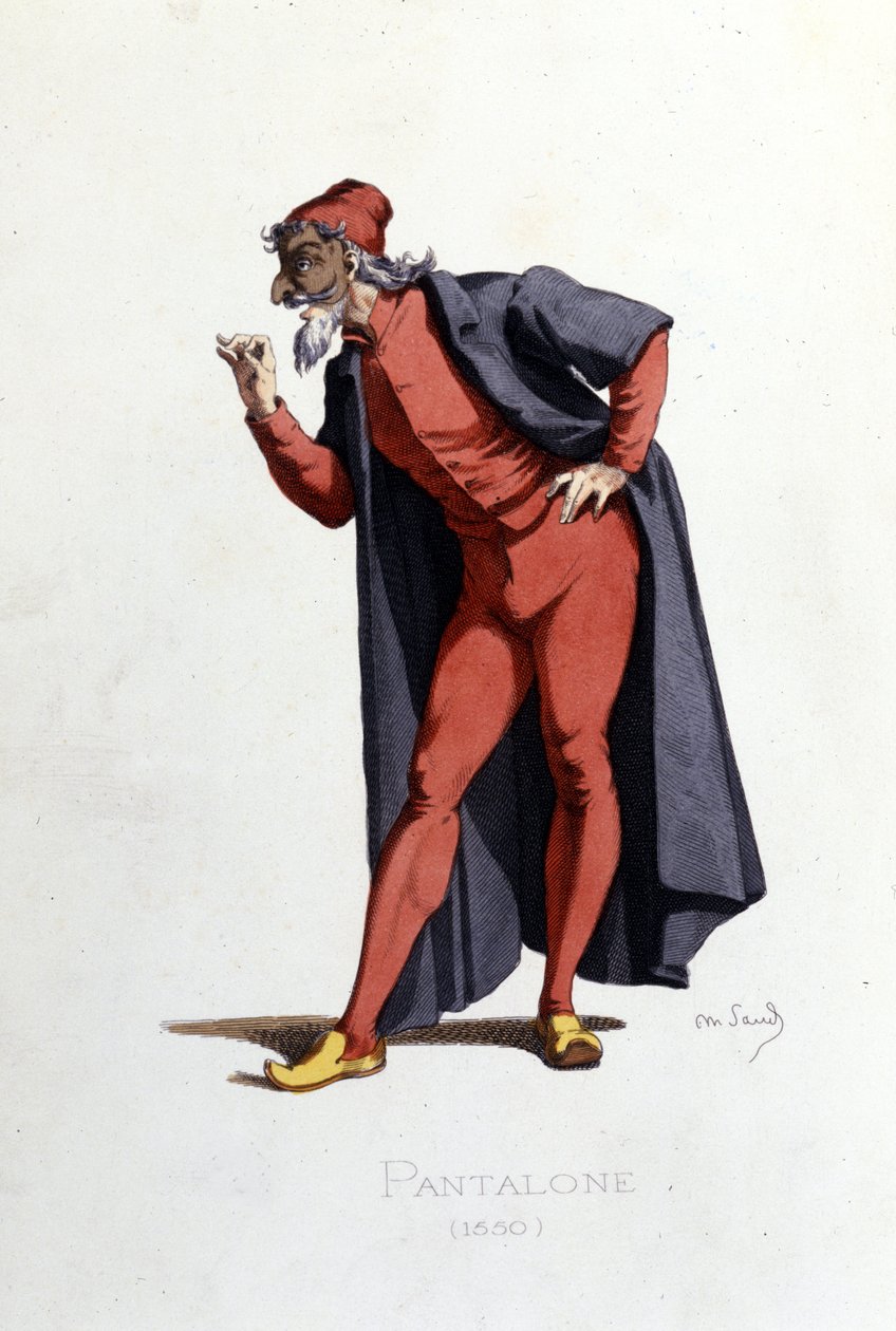 Puku- ja teatterihahmo: Pantalone (en fr. Pantalone, lääkäri) piirtää teoksesta "" Masques et bouffons"" (italialainen komedia: Commedia dell