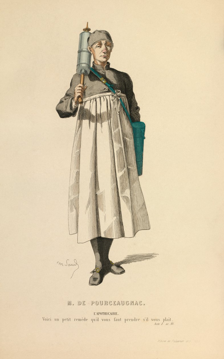 Apteekkarin rooliin sopiva asu, noin 1868 (kaiverrus). tekijältä Maurice Sand