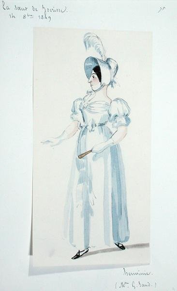 George Sand (1804-76) näyttelee Herminieä näytelmässä La Soeur de Jocrisse tekijältä Maurice Sand