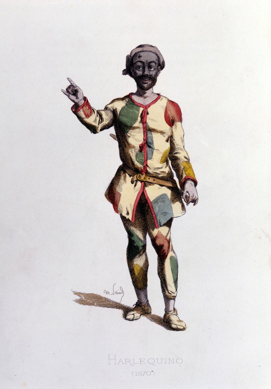 Harlekiini vuonna 1570. Maurice Sand "" Naamiot ja naamiot"" Pariisi 1800-luku. (Maurice Sand oli George Sandin poika) tekijältä Maurice Sand