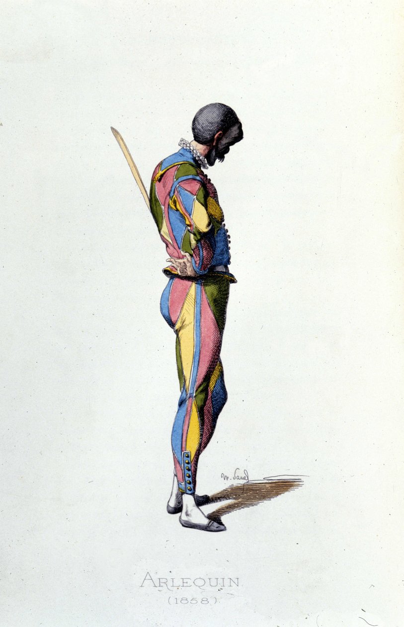 Harlekiini vuonna 1858. Maurice Sand "" Naamiot ja naamiot"" Pariisi 1800-luku. (Maurice Sand oli George Sandin poika) tekijältä Maurice Sand