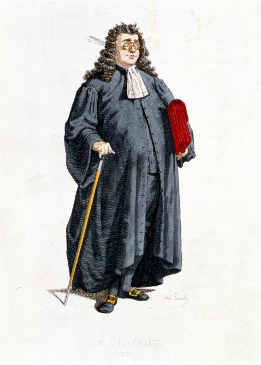 Le Notaire teoksessa ""Masques et bouffons"" (italialainen komedia), teksti ja piirustukset Maurice Sand, etsaukset A. Manceau, esipuhe Georges Sand, Paris, Michel Lévy Frères tekijältä Maurice Sand