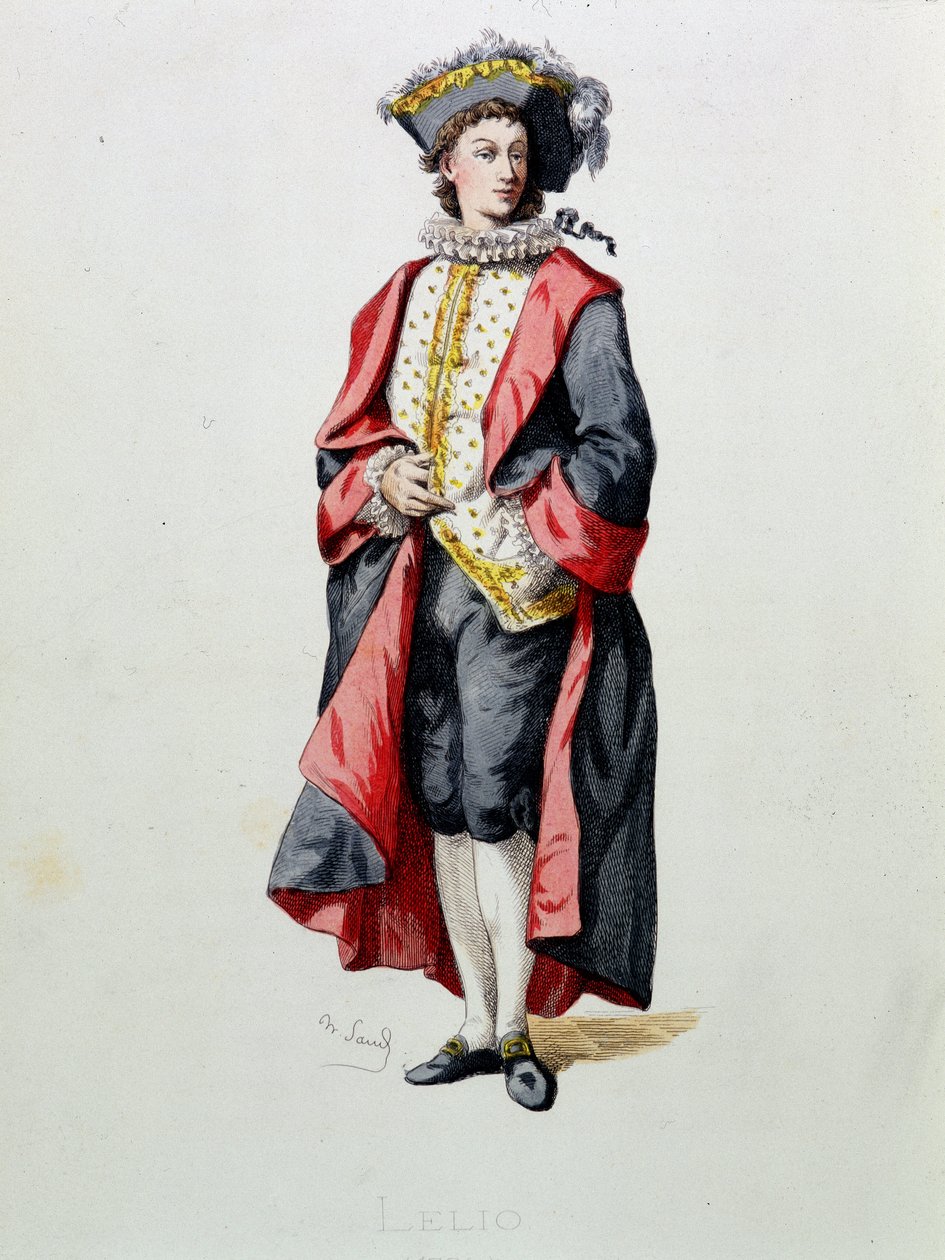 Lelio piirtää teoksesta "Masques et bouffons" (italialainen komedia), Maurice Sandin (1823-1890) teksti ja piirustukset, A. Manceaun kaiverrukset, Georges Sandin esipuhe, Paris, Michel Levy Freres tekijältä Maurice Sand