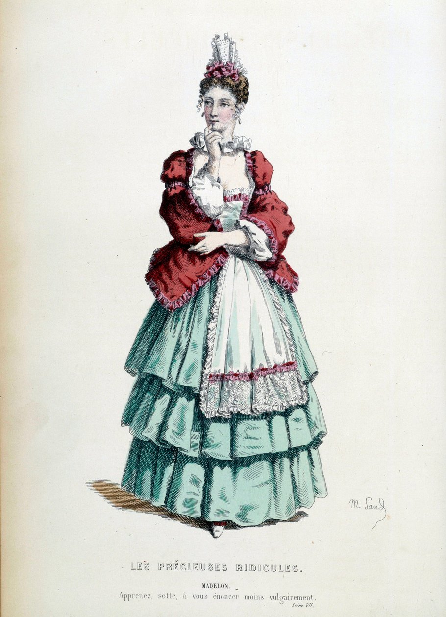Madelonin puku Jean Baptiste Poquelin dit Molieren teoksessa ”Les precieuses ridicules”, kuvittanut Maurice Sand (1823-1889). 1868. Paris, ranskalainen komedia tekijältä Maurice Sand