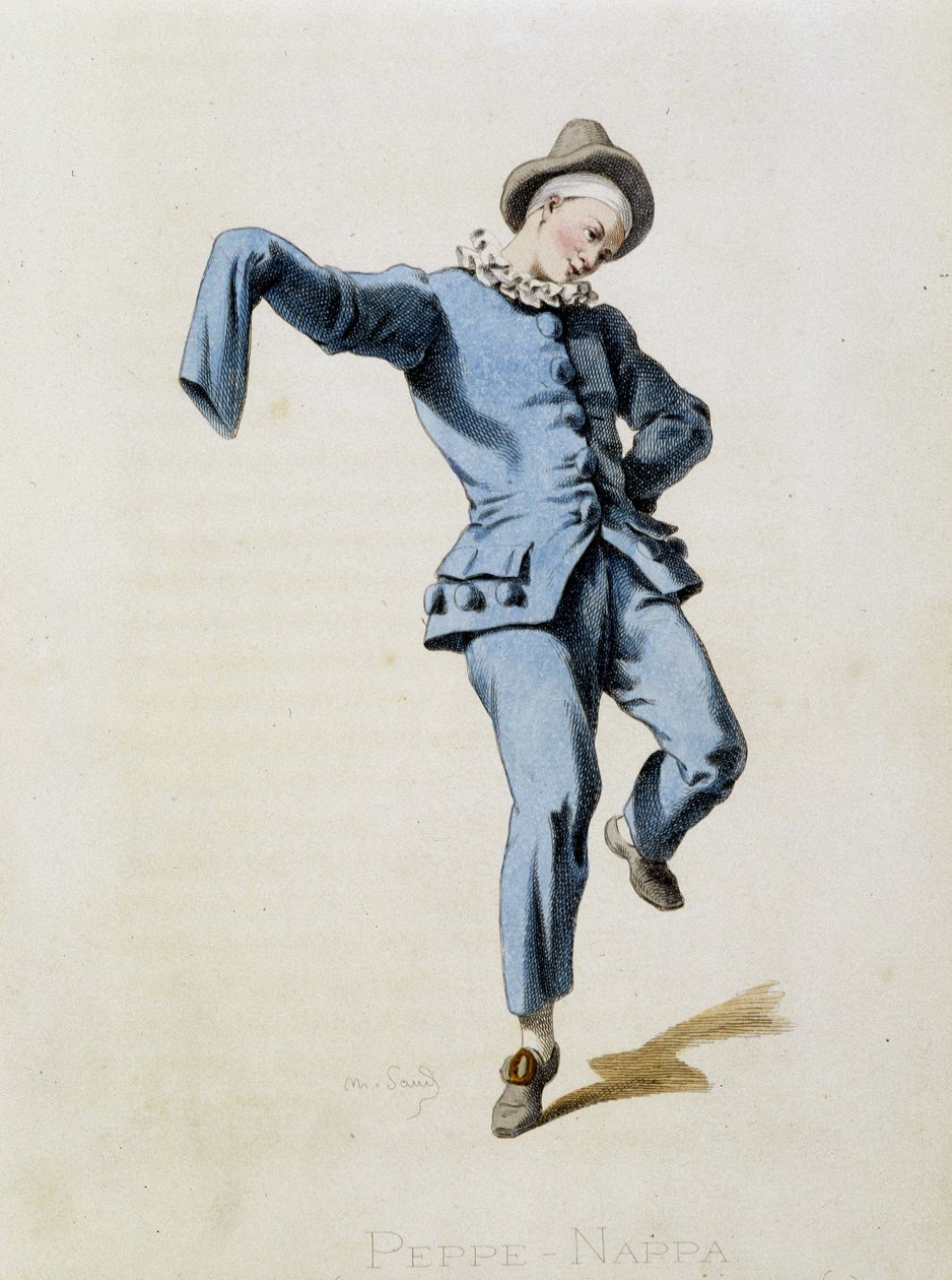 Peppe Nappa (Pierrot tai Peppe-Nappa) piirtää teoksesta "Masques et bouffons" (italialainen komedia), teksti ja piirustukset Maurice Sand, vedokset A. Manceau, esipuhe Georges Sand, Paris, Michel Lévy Frères tekijältä Maurice Sand