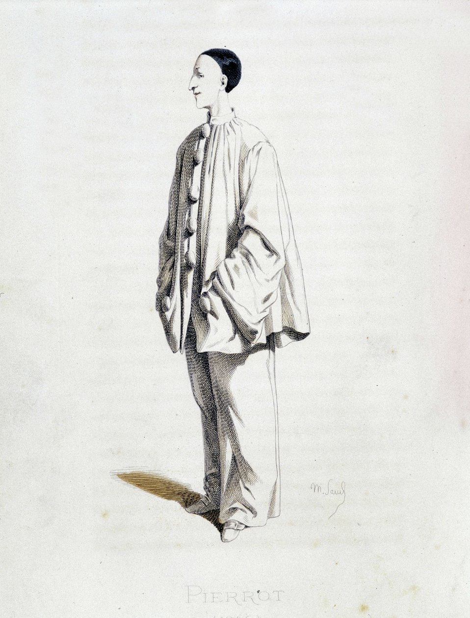 Pierrot elokuvasta ""Masques et bouffons"" (italialainen komedia), teksti ja piirustukset Maurice Sand, etsaukset A. Manceau, esipuhe Georges Sand, Paris, Michel Lévy Frères tekijältä Maurice Sand