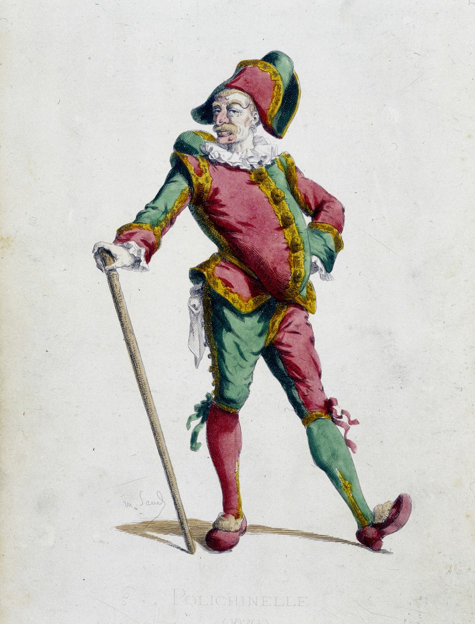 Polichinelle - elokuvassa ""Masques et bouffons"" (italialainen komedia), teksti ja piirustukset Maurice Sand, etsaukset A. Manceau, esipuhe Georges Sand, Paris, Michel Levy Freres tekijältä Maurice Sand
