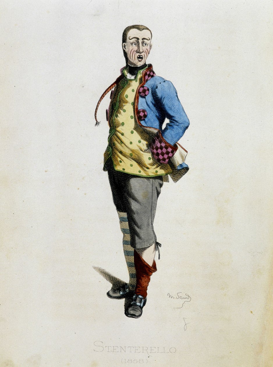 Stenterello piirtää teoksesta "Masques et bouffons" (italialainen komedia), teksti ja piirustukset Maurice Sand, vedokset A. Manceau, esipuhe Georges Sand, Paris, Michel Levy Freres tekijältä Maurice Sand
