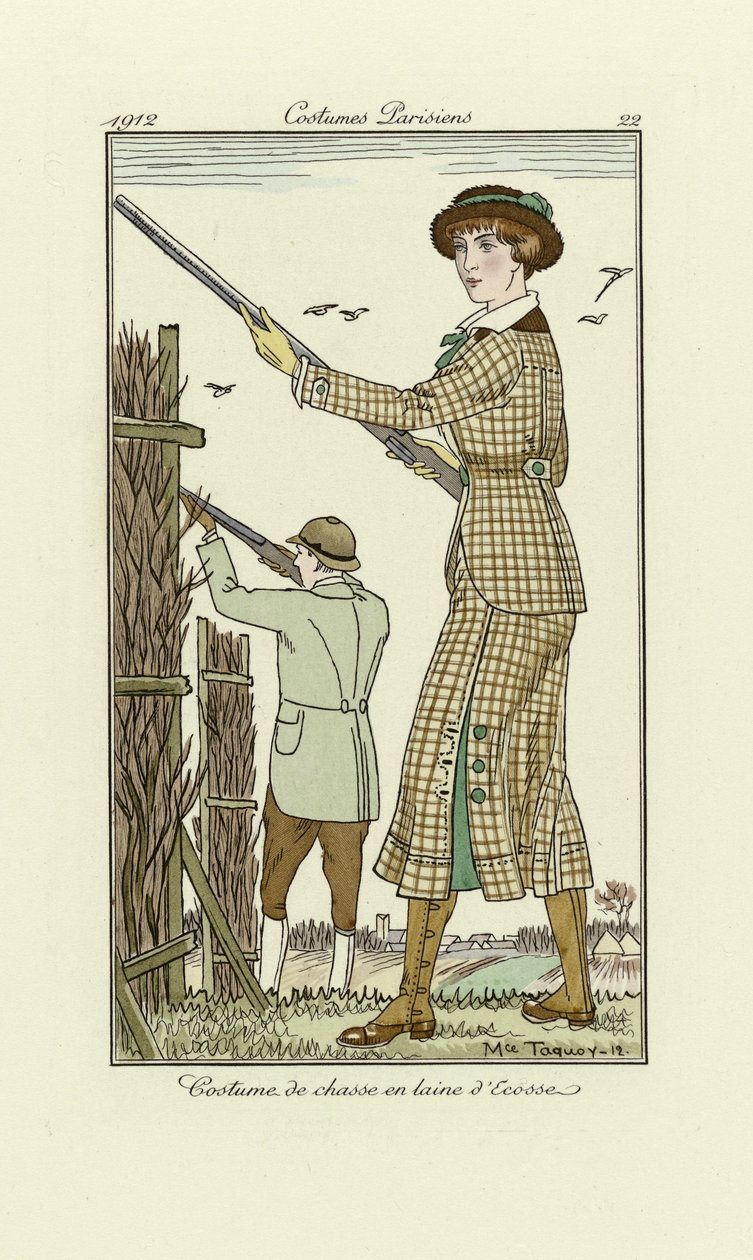 Design for Ladies Tweed Shooting -asu, Costumes Parisien, pub.1912 (pochoir print) tekijältä Maurice Taquoy