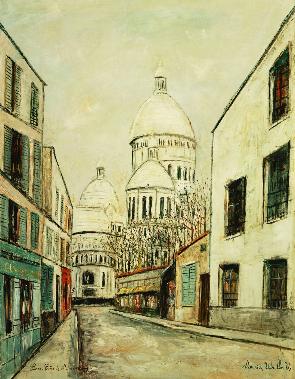 Sacre-Coeur de Montmartre (Rue du Chevalier de la Barre a Montmartre), n. 1935 (öljy kankaalle) tekijältä Maurice Utrillo