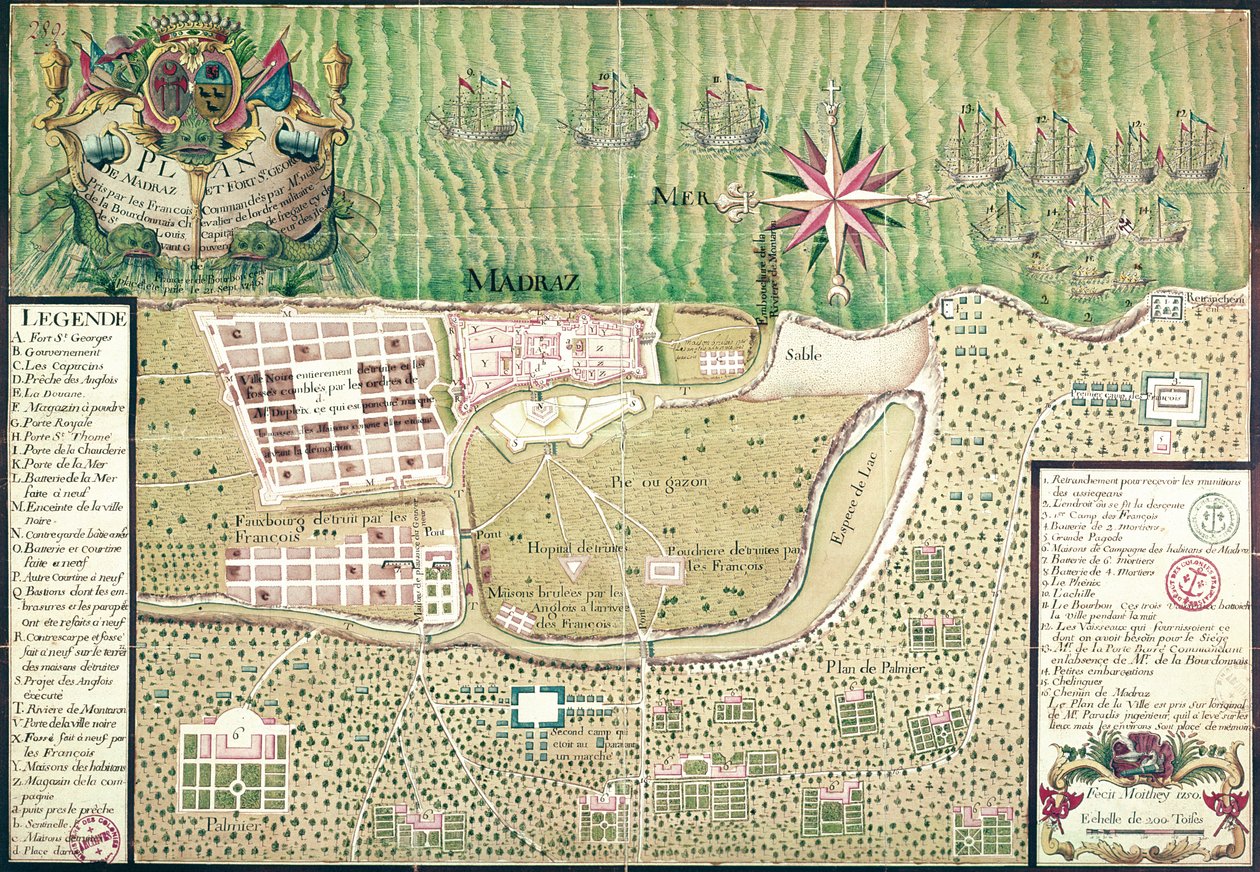 Madrasin kartta aikana, jolloin ranskalaiset valtasivat kaupungin ja Pyhän Yrjön linnakkeen vuonna 1746 Mahe de la Bourdonnais