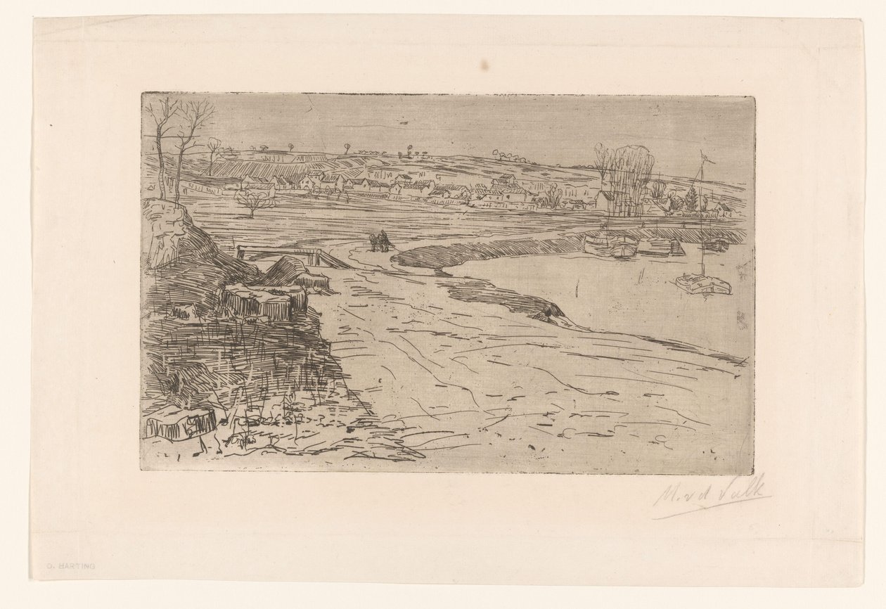 Maisema taloja ja vettä ankkuroitujen purjeveneiden kanssa tekijältä Maurits van der Valk (signed by artist)