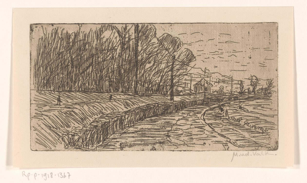 Maisema tiellä, metsäreunalla ja sähköpylväillä tekijältä Maurits van der Valk (signed by artist)
