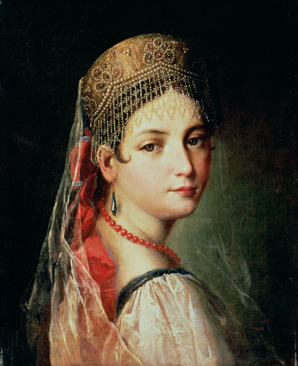 Nuoren tytön muotokuva Sarafanissa ja Kokoshnikissa, 1820-luku tekijältä Mauro Gandolfi