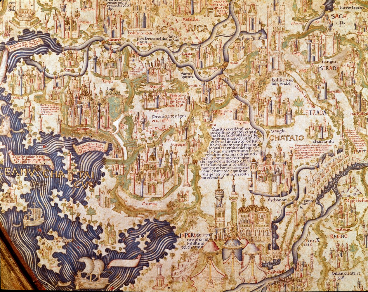 Näkymä Kiinasta (Cambaluc, nyt Peking) Yksityiskohta Mauruksen (Mauro) veljen kamaldolilaisen maailmankartan (mappamundi) 1459 (kartta) tekijältä Mauro Fra