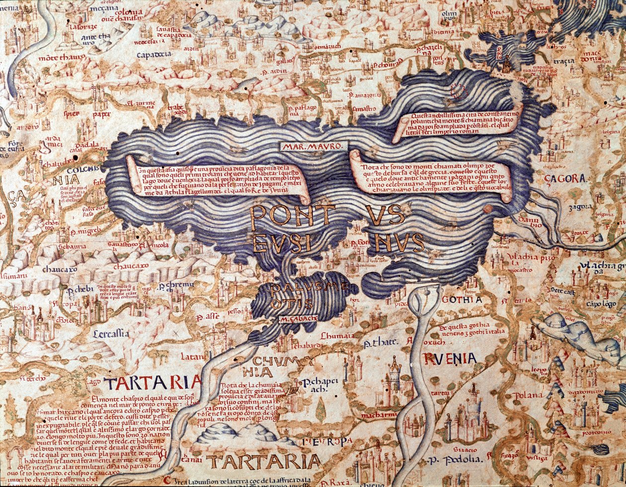 Näkymä Mustallemerelle Yksityiskohta Mauruksen (Mauro) kamaldoliveljen maailmankartasta (mappamundi) 1459 Biblioteca Marciana, Venetsia tekijältä Mauro Fra