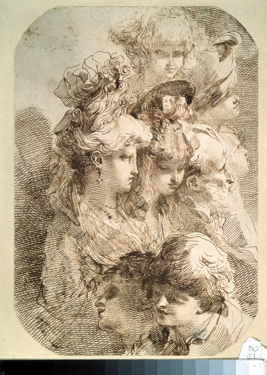 Kahdeksan pään tutkimus. (Kahdeksan pään tutkimukset). Mauro Gandolfin (1764-1834) piirros. italialaista taidetta. Kynä ja ruskea intialainen muste paperille. Pushkin-museo, Moskova tekijältä Mauro Gandolfi