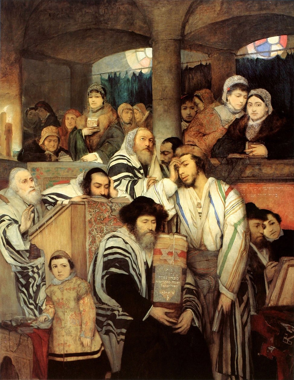 Juutalaiset rukoilevat synagogassa Jom Kippurin aikaan tekijältä Maurycy Gottlieb
